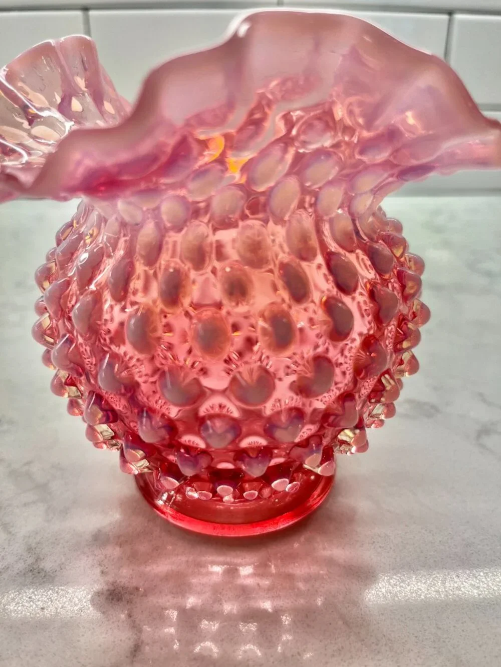 Fenton Glass Vase in the Cranberry Opalescent Hobnail Pattern